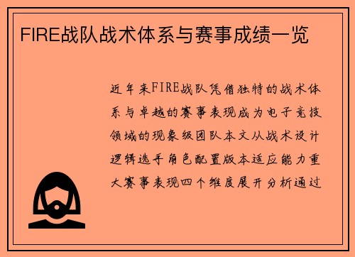 FIRE战队战术体系与赛事成绩一览