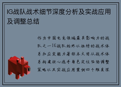 IG战队战术细节深度分析及实战应用及调整总结
