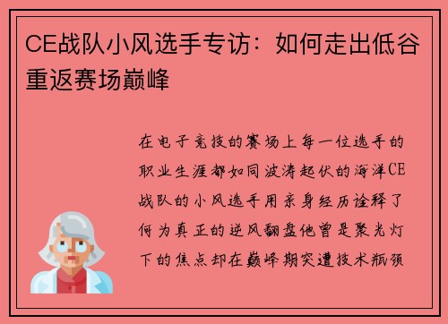 CE战队小风选手专访：如何走出低谷重返赛场巅峰